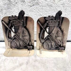 Vintage Metzke Pewter Golf Bag Bookends Metal Golfer Clubs 1980 USA Pair